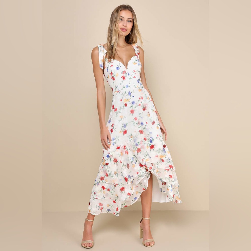 NWT So Elevated Ivory Floral Jacquard Tie-Strap
High-Low Midi Dress Sz Medium